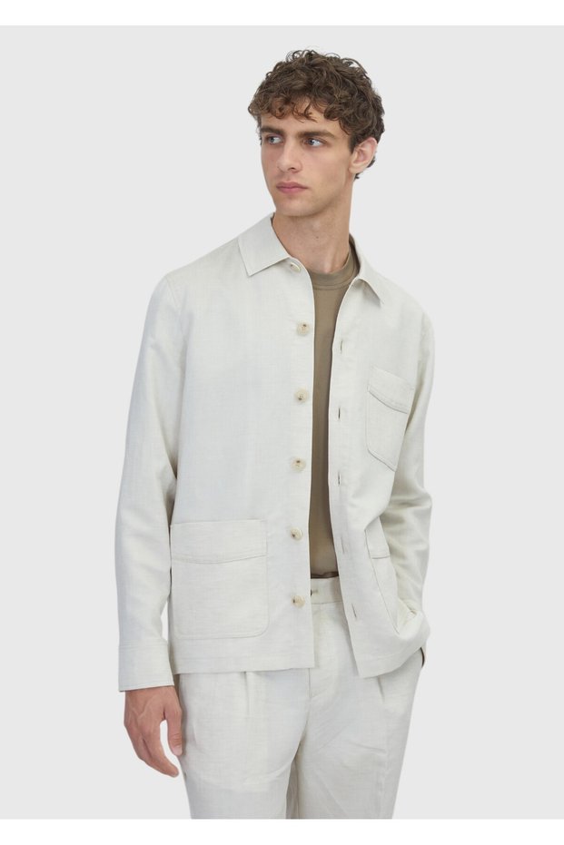 Beige Plain Casual Fit Long Woven Linen Blend Overshirt