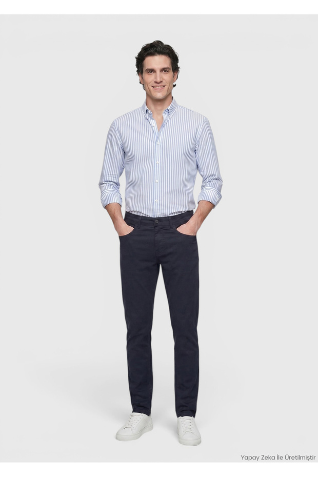 Navy Blue Woven Slim Fit Casual Cotton Blend Trousers