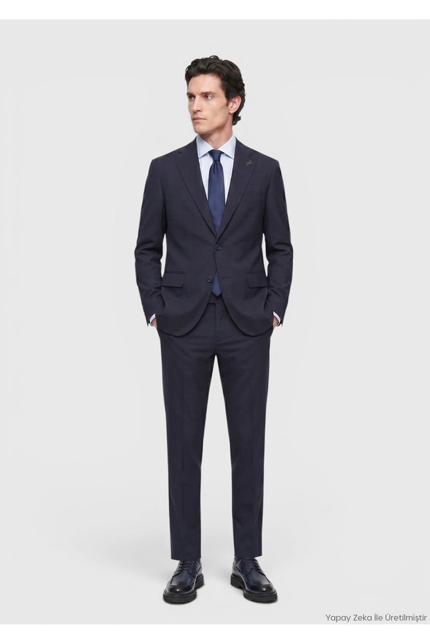 Navy Blue Striped Modern Fit Wool Blend Suit