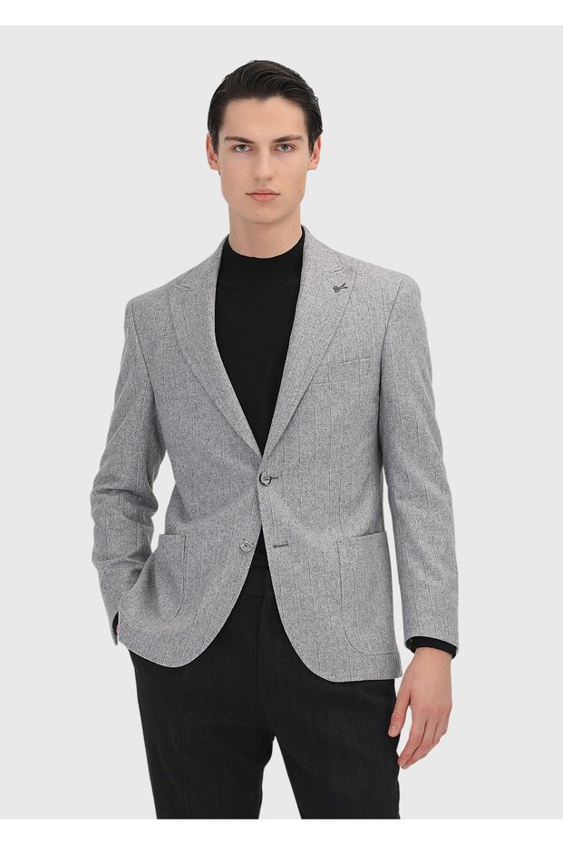Gray Striped Shirt Shoulder Slim Fit Wool Blend Jacket