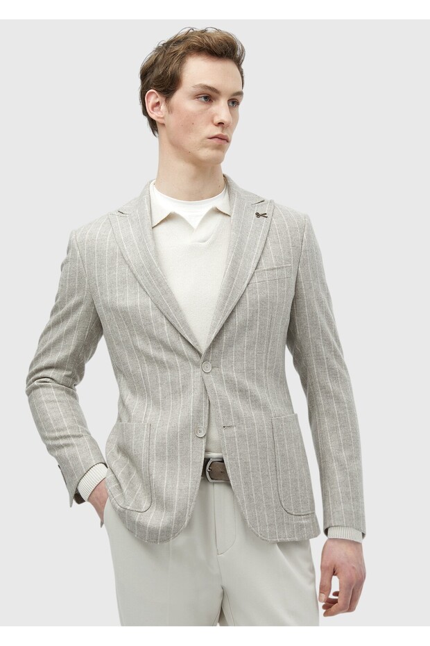 Beige Striped Zeroweight Slim Fit Wool Blend Jacket
