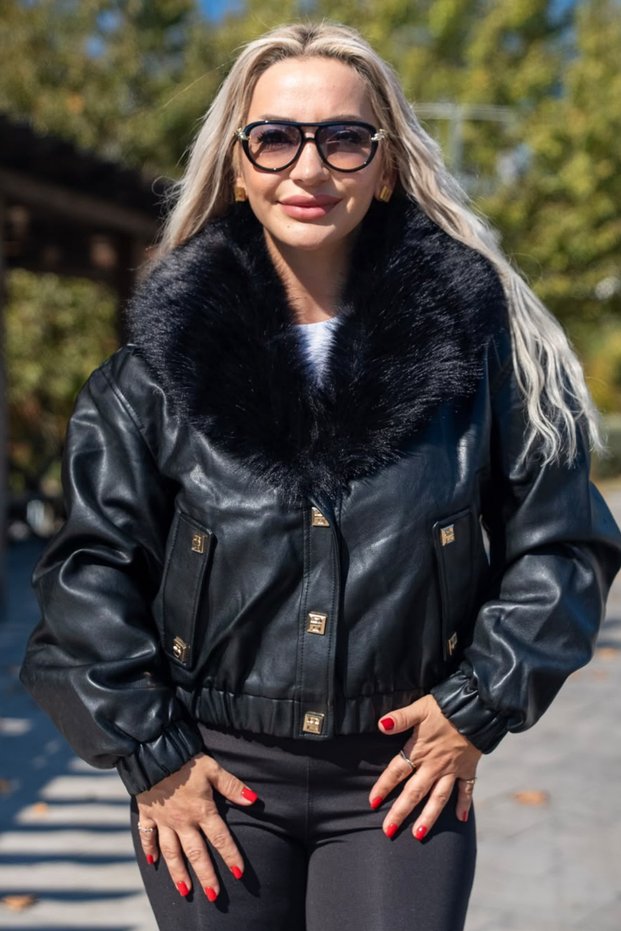 Imported Black Women's Coat with Fur Collar
