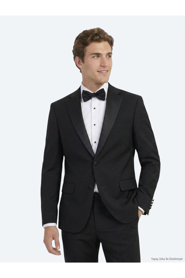 Black Plain Modern Fit Shawl Collar Woven Tuxedo Suit
