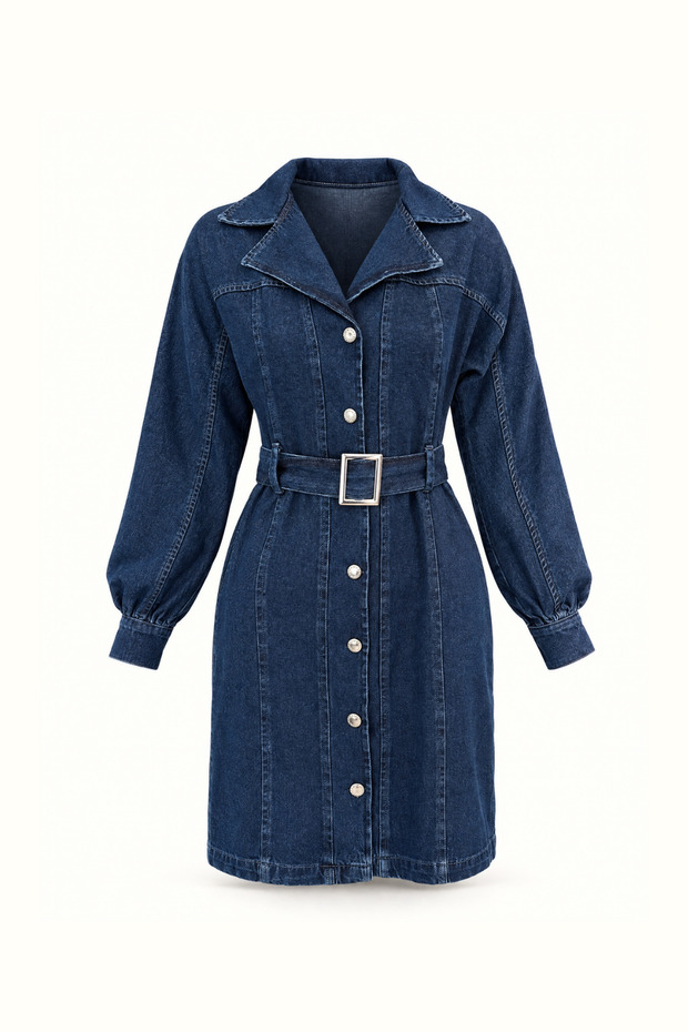 Double-Breasted Collar, Buttoned Belt Detail, Navy Blue Denim Dress