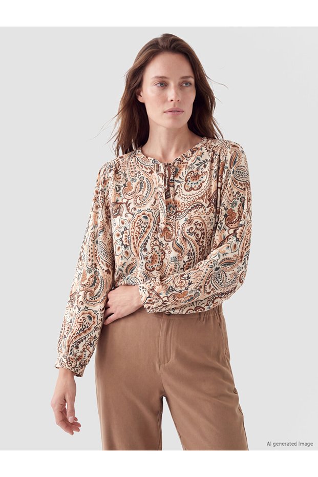 Lcw Grace Tie Neck Patterned Blouse