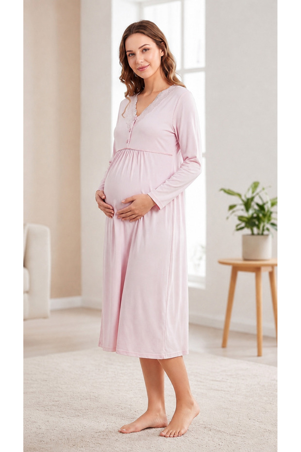 Women's Maternity Viscose Nightgown Seasonal Long Sleeve Lace Breastfeeding Detailed m L XL XXL 23-60