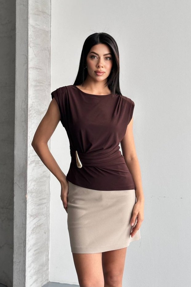Shoulder Buckle Waist Buckle Blouse Brown