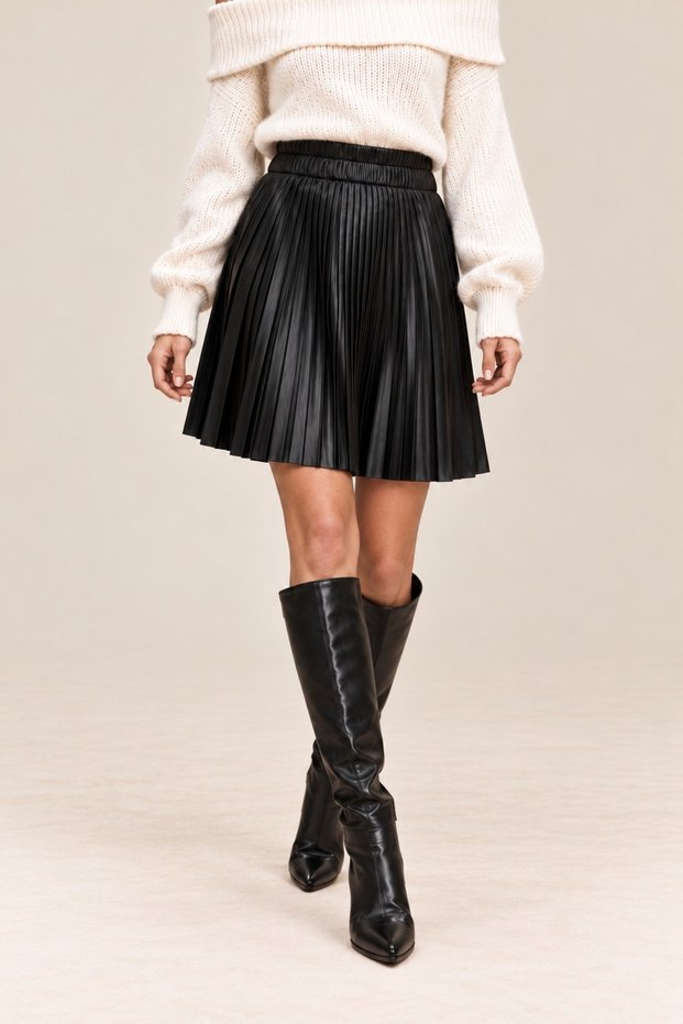 Black Pleated Leather Skirt with Shorts Inside Detail