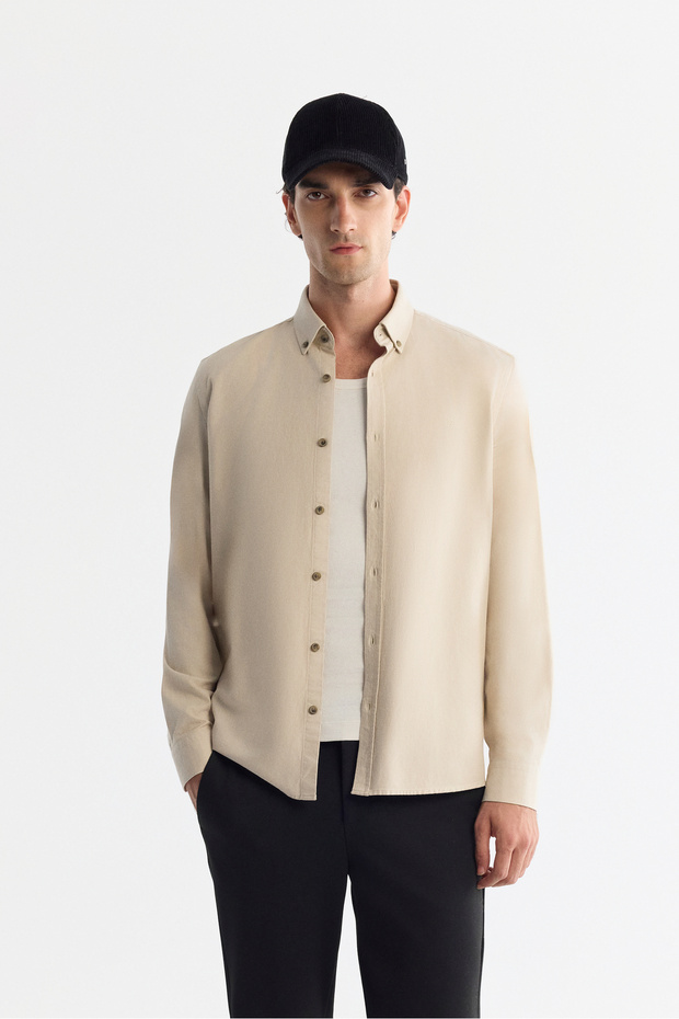 Men's Beige Buttoned Collar Cotton Soft Touch Regular Fit Shirt B002036