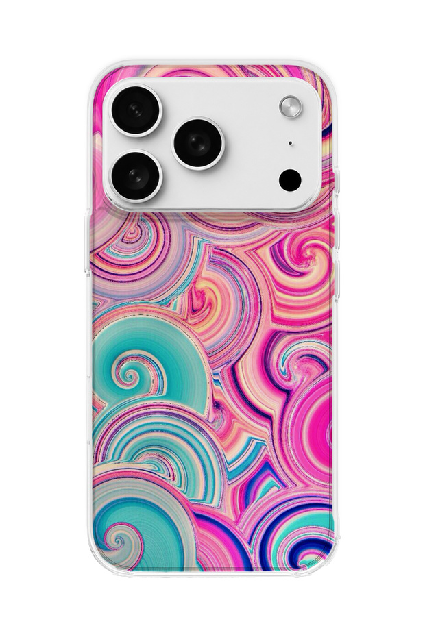 iPhone 18 Pro Max Compatible Pink Turquoise Spiral Printed Transparent Phone Case