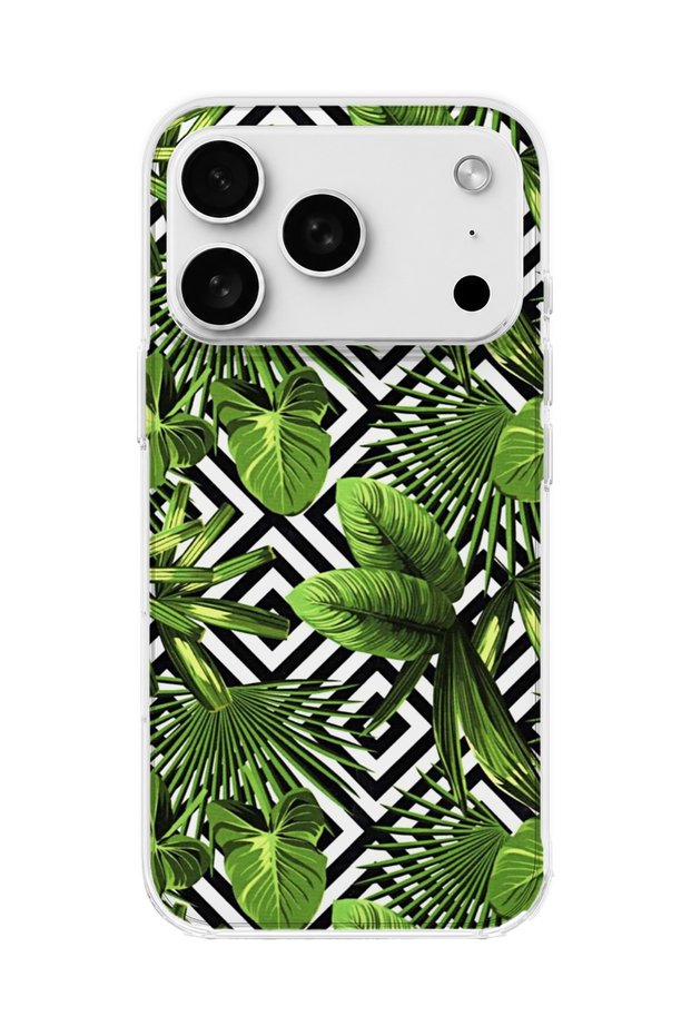 iPhone 18 Pro Compatible Tropical Leaf Geometric Printed Transparent Phone Case