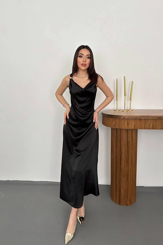 Black Satin Degaje Collar Shoulder Buckle Dress - Black