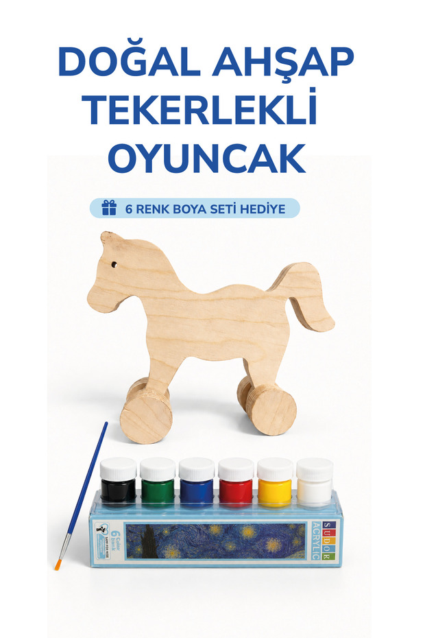 Wooden Horse Toy Natural Handmade Paintable Educational Toy + 6-Piece Paint Set Gift