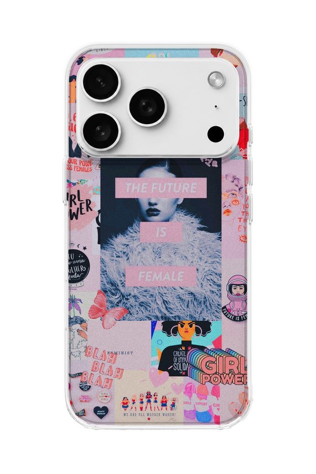 iPhone 18 Pro Compatible Women's Power Pink Collage Printed Transparent Phone Case