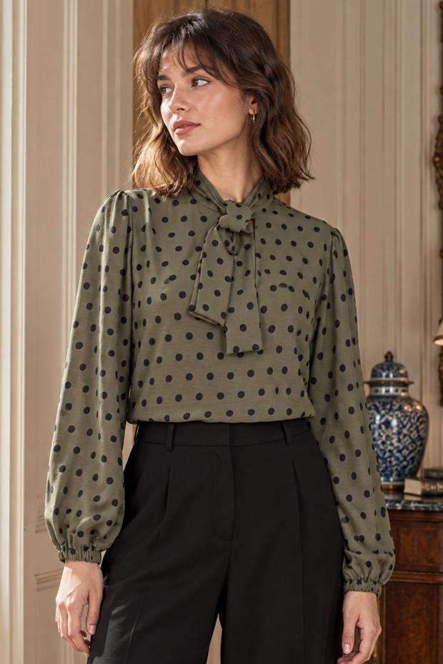 Women's Khaki Collared Blouse with Elastic Sleeves Arm-27K001001