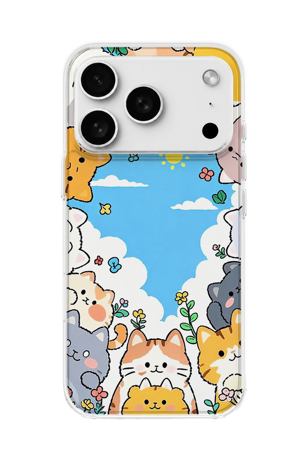iPhone 18 Pro Max Compatible Cats Blue Sky Printed Transparent Phone Case