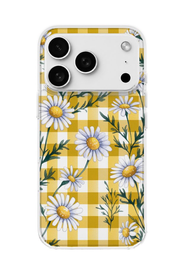 iPhone 18 Pro Max Compatible Daisy Yellow Plaid Printed Transparent Phone Case