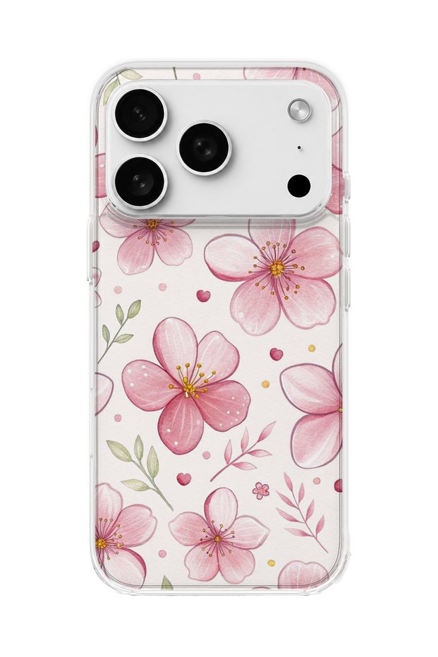 iPhone 18 Pro Max Compatible Pink Cherry Blossom Printed Transparent Phone Case