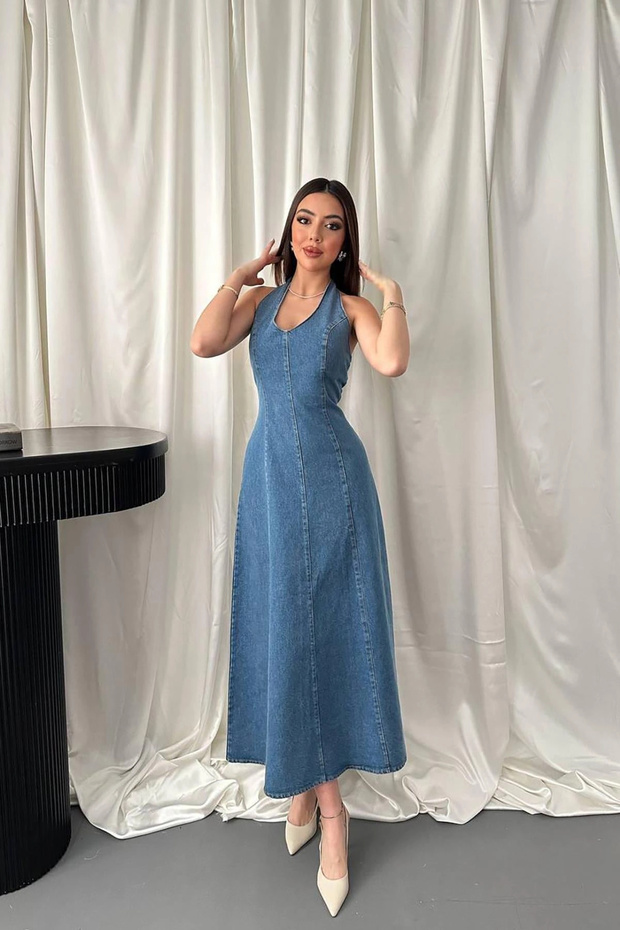 Blue Halter Neck Jean Dress - Blue