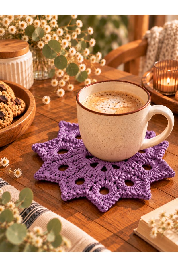 Hubush Rustic Coaster – Hand Knitted Star Motif Decorative Coaster Single-Purple