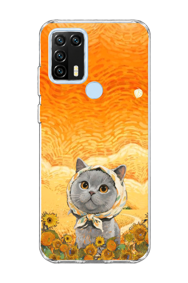 General Mobile Gm 21 Pro Compatible Gray Cat Sunflower Printed Transparent Phone Case with Scarf