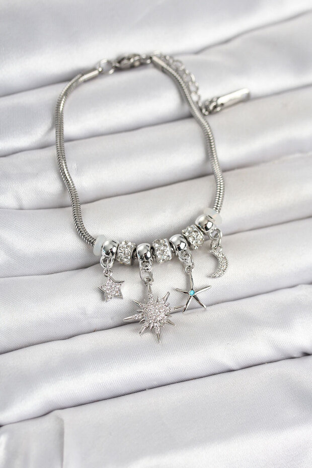 Brass Silver Color Pole Star Detailed Charm Women's Bracelet