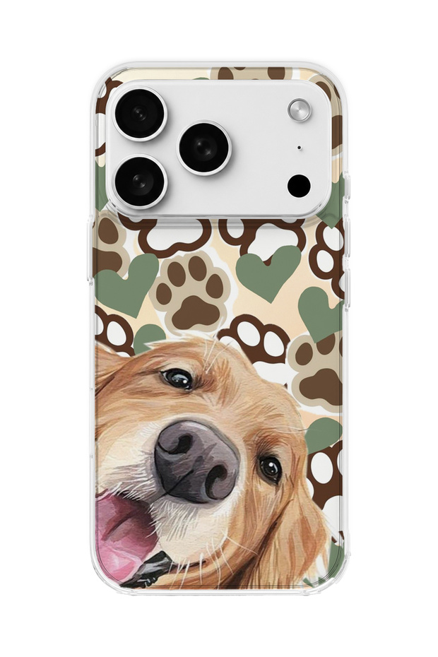 iPhone 18 Pro Compatible Yellow Dog Paw Heart Printed Transparent Phone Case