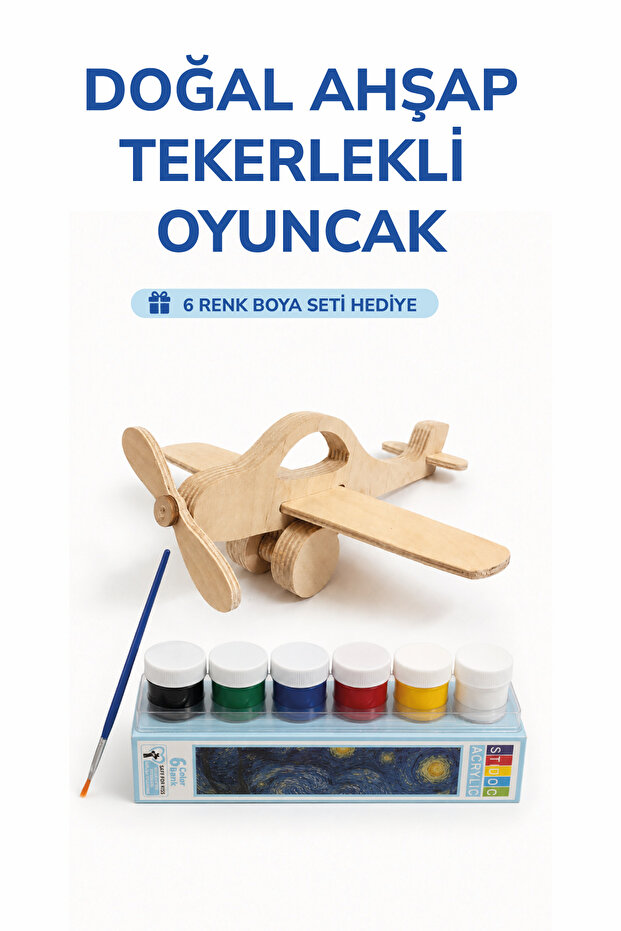 Wooden Airplane Toy Natural Handmade Paintable Educational Toy + 6-Piece Paint Set Gift