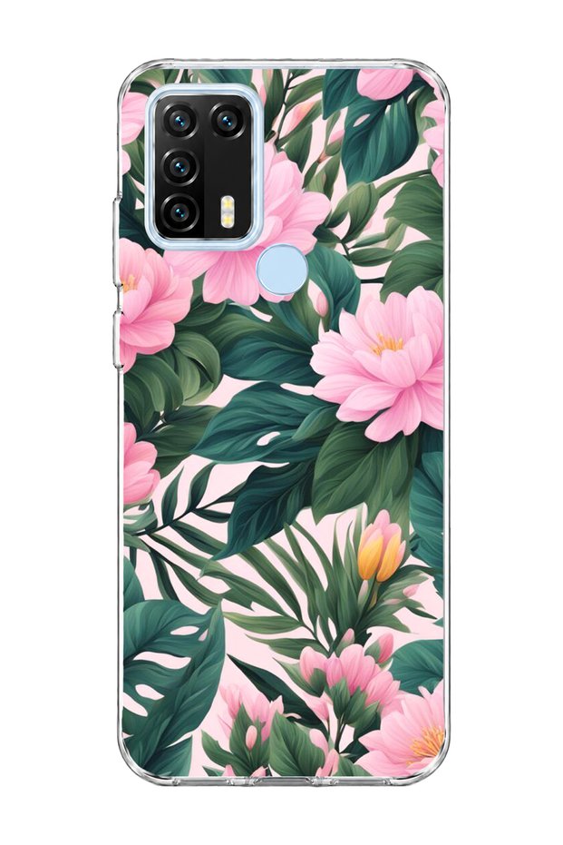 General Mobile Gm 21 Pro Compatible Pink Flower Green Leaf Printed Transparent Phone Case