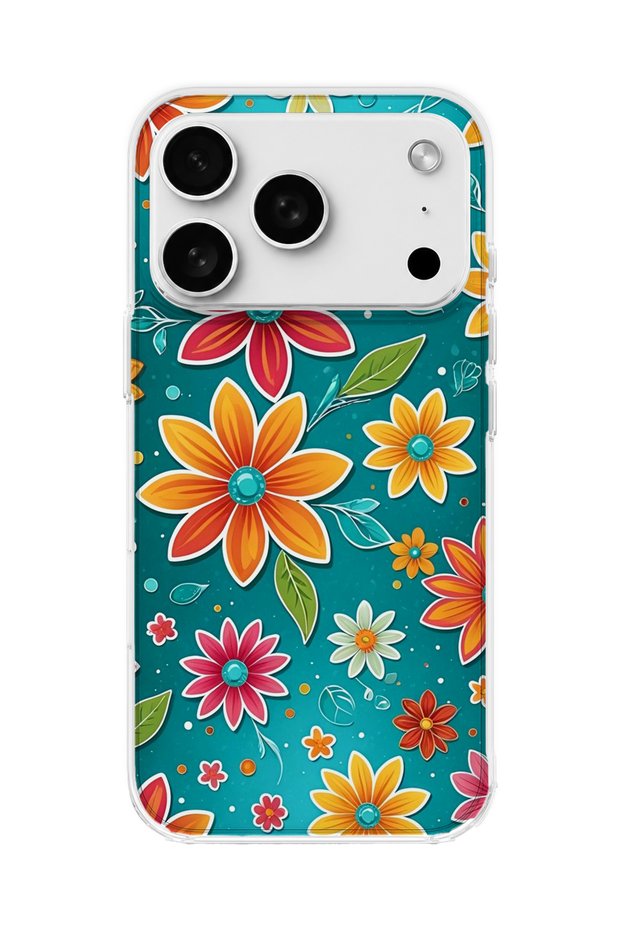 iPhone 18 Pro Max Compatible Colorful Flower Turquoise Printed Transparent Phone Case