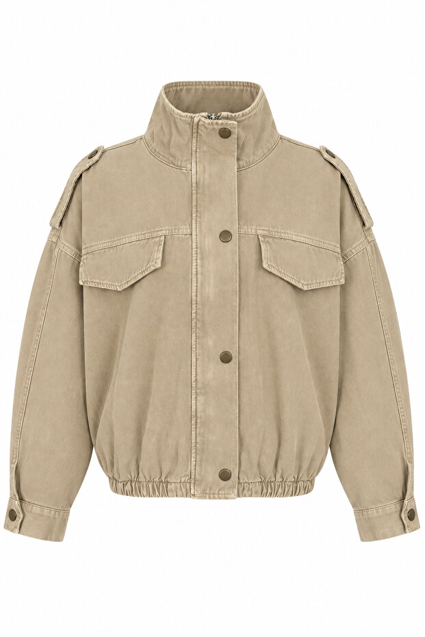 4987 Women's Gabardine Stand Collar Pocket Bomber Jacket Antique Mink