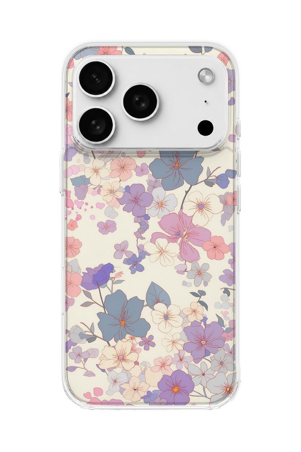 iPhone 18 Pro Max Compatible Lilac Pink Flower Printed Transparent Phone Case