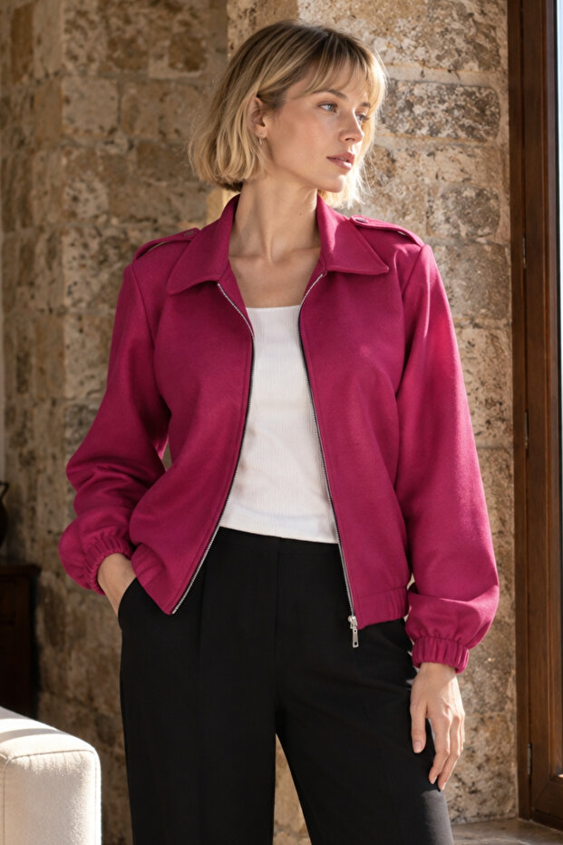 Women's Fuchsia Felt Fabric Coat with Zipper Front and Elastic Sleeves Arm-27K001041