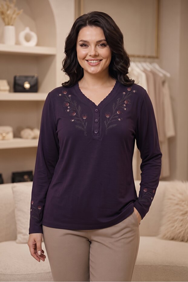 Nergiz Combed Cotton Women's Large Size Long Sleeve Comfortable Fit Blouse