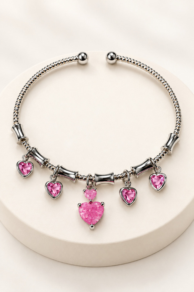 Adjustable Steel Bracelet Suitable for Young People and Children, Heart Figured Zircon Stone Charm Model, Silver Color