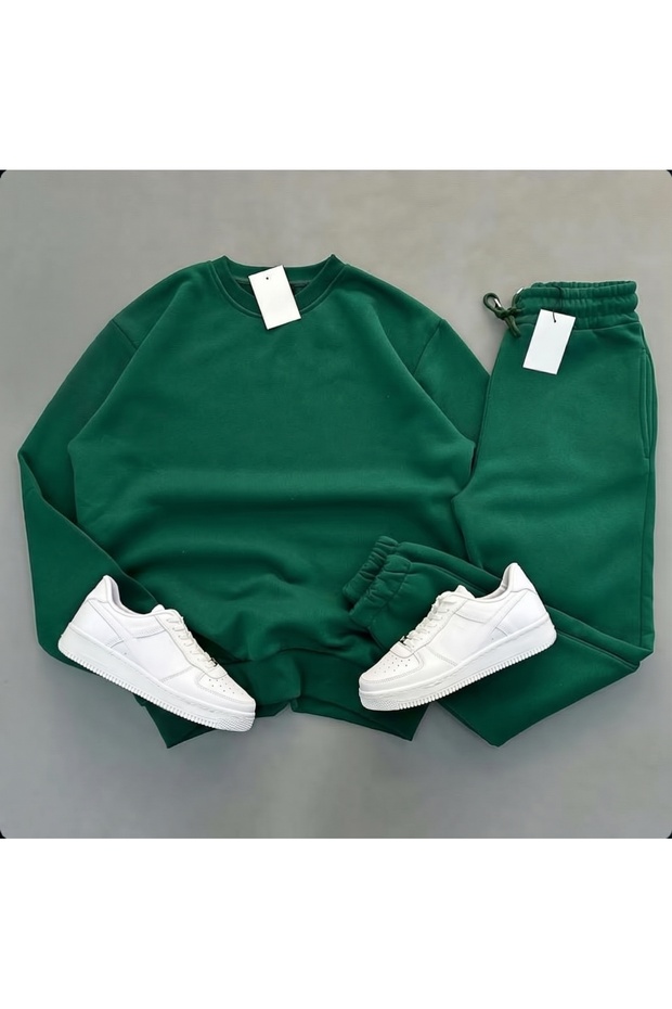 Men's Green Hooded Fleece Lined 3 Thread Crew Neck Sweatshirt and Sweatpants 2-Piece Set