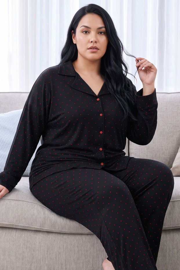 Black Patterned Thermal Fabric Ultra Soft Plus Size Oversized Buttoned Knitted Pajama Set