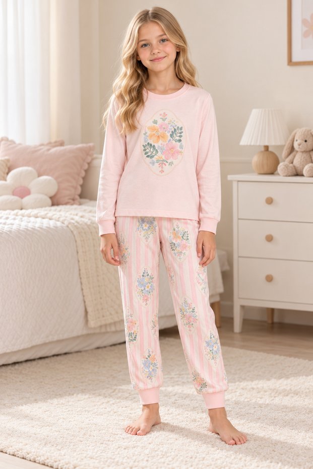 Girl's 100% Cotton Custom Design Pattern Long Sleeve Pajama Set