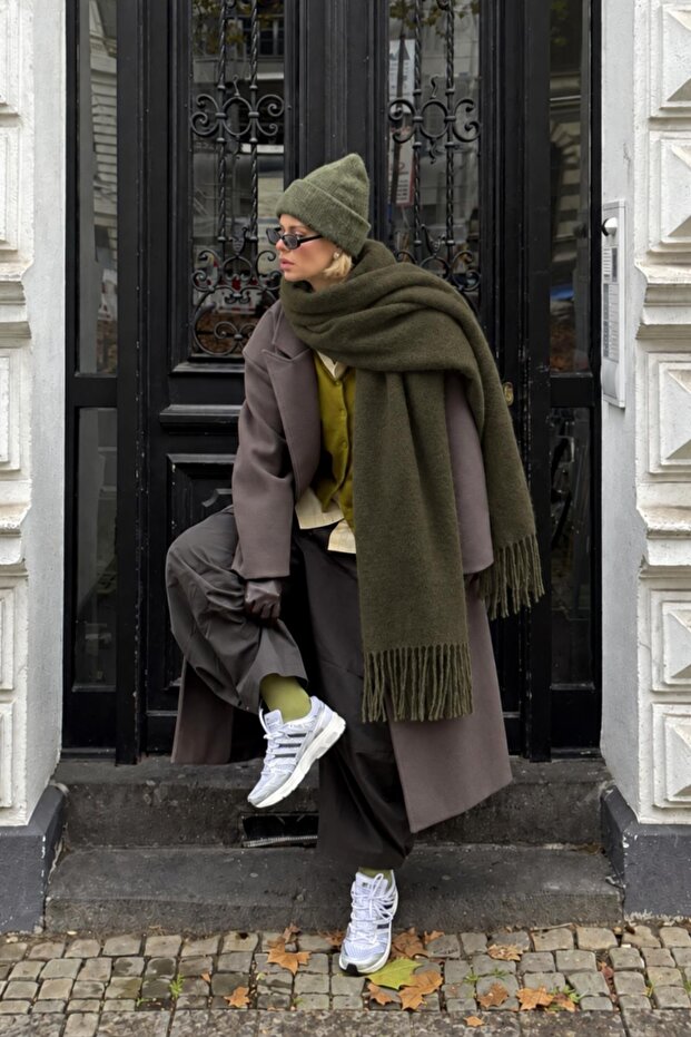 Mery Women's Puffy Soft Textured Tasseled Winter Scarf and Shoulder Shawl Khaki