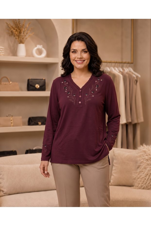 Nergiz Combed Cotton Women's Large Size Long Sleeve Comfortable Fit Blouse