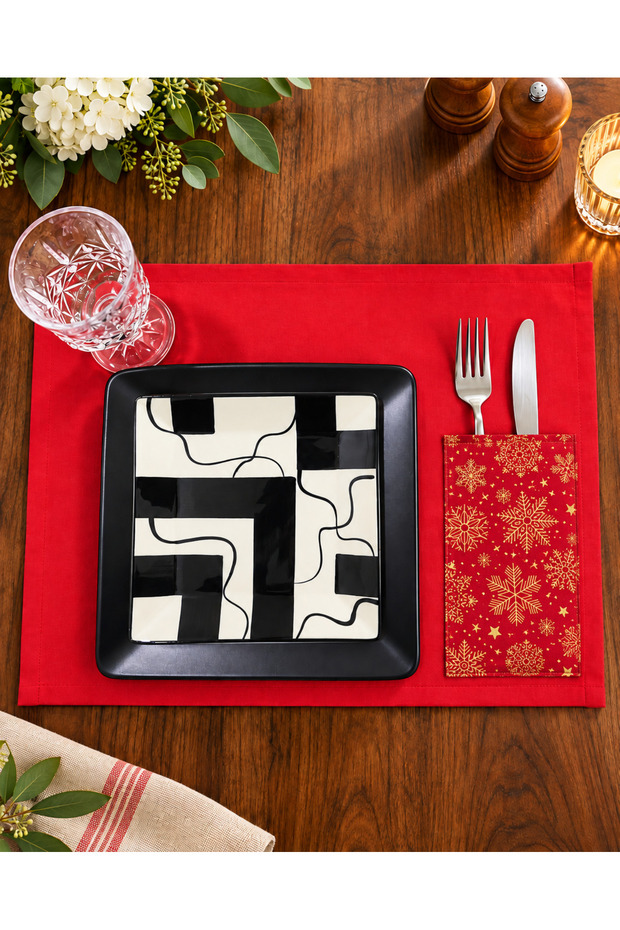 Christmas Tableware Set – 6 Pieces 35X45 cm Liquid Red American Placemats and Gold Snowflake Patterned Runner – 7 Pieces