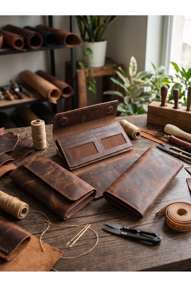 100% Hand-Stitched Genuine Leather Vintage Long Wallet, Handmade Luxury Card Holder and Wallet Model
