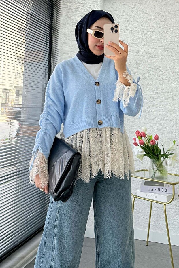 Premium Lace Detailed Sleeve Gathered Knitwear Cardigan - Blue
