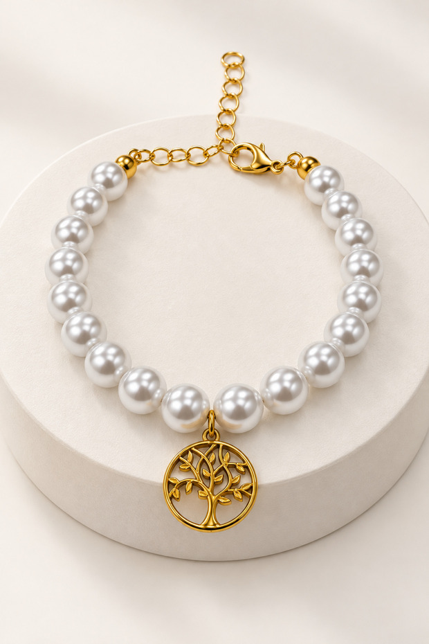 Women's Pearl Bracelet Rainbow Tree of Life with Cherry and Clock Figures Charm Detailed Adjustable Stylish Bracelet