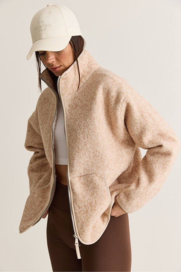 Women's Cream Patterned Stand Collar Pocket Detailed Ribbed Zippered Teddy Jacket 880 60286659