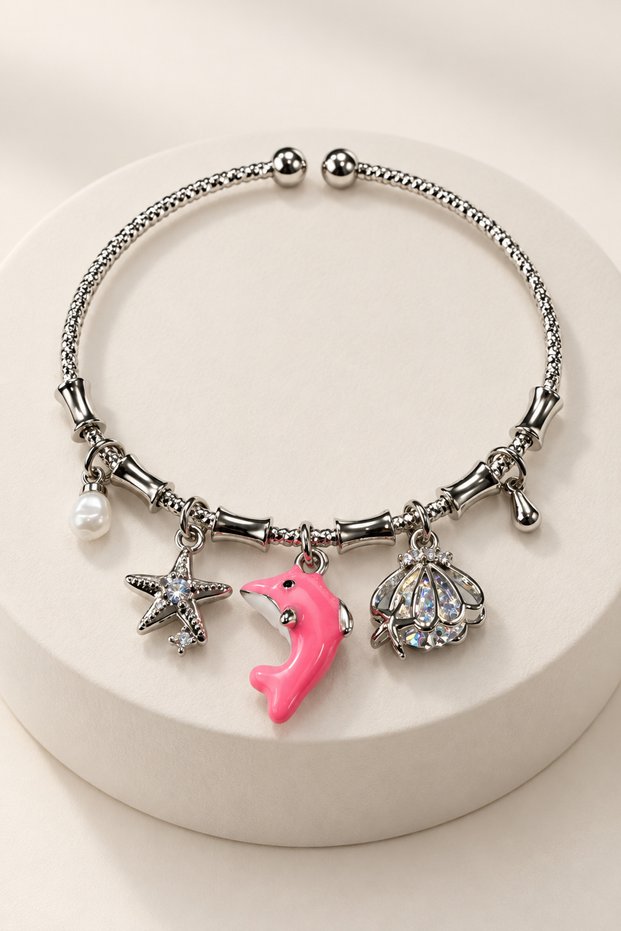 Adjustable Steel Bracelet Suitable for Young People and Children, Mixed Figure Zircon Stone Charm Model, Silver Color