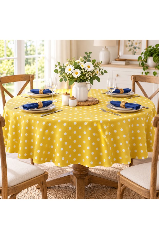 Polka Dot Round Yellow Tablecloth – Liquid Repellent, Stain Resistant, Custom Size Options Available