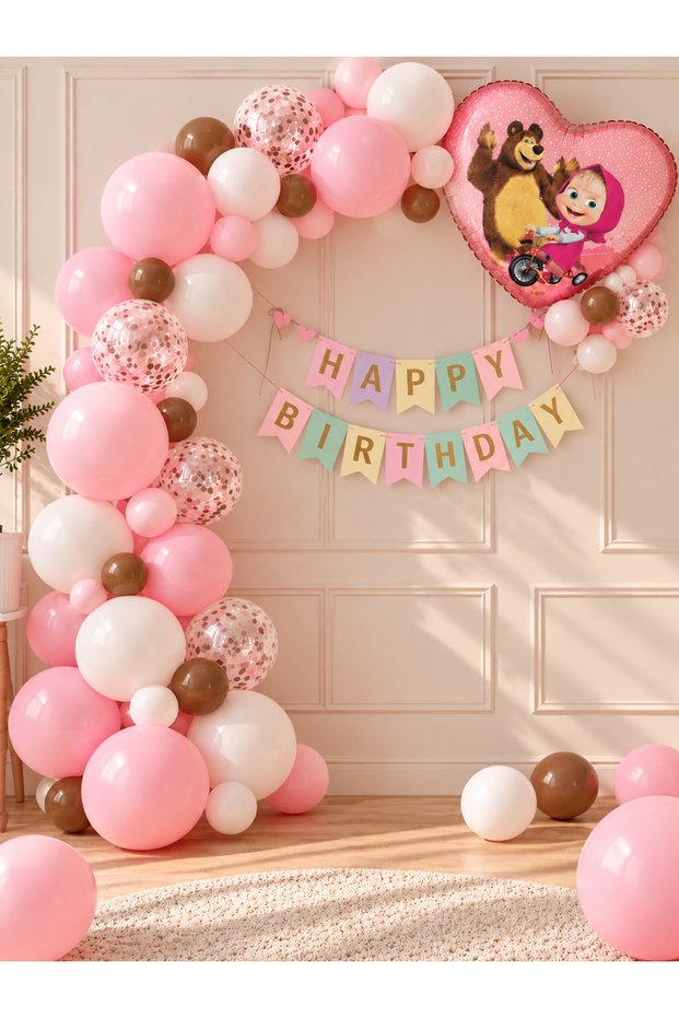 Party Masha and the Bear Birthday Balloon Set Pink White Brown 29 Pieces Cardboard with Happy Birthday Banner