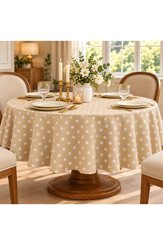 Polka Dot Round Beige Tablecloth – Liquid Repellent, Stain Resistant, Custom Size Options Available