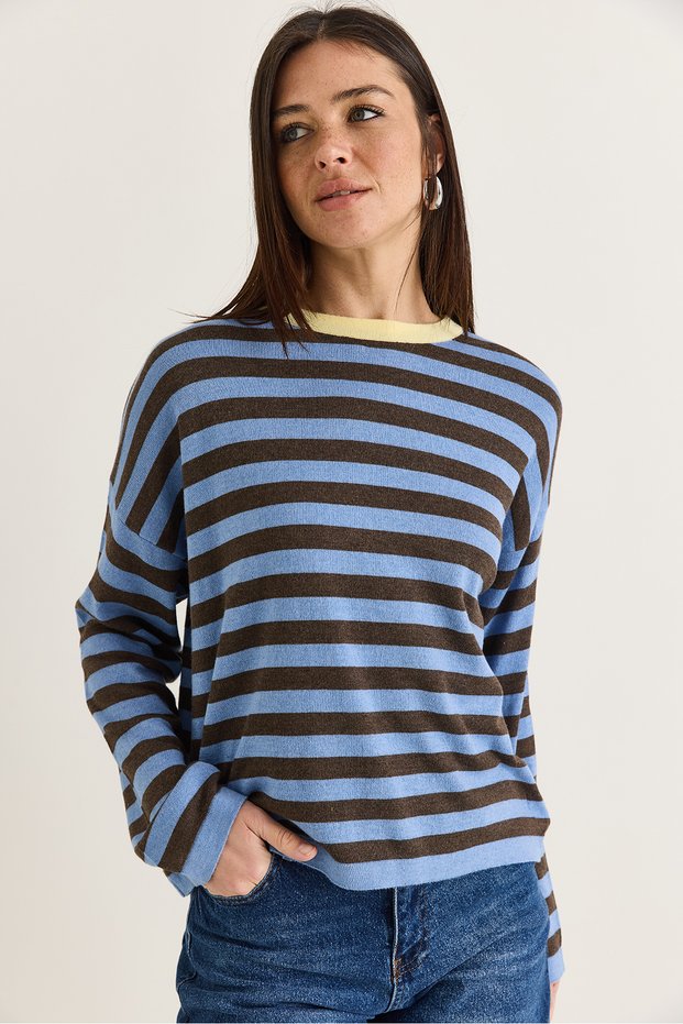 Women's Striped Crew Neck Loose Mercerized Knitwear Sweater Tk261165 60286636